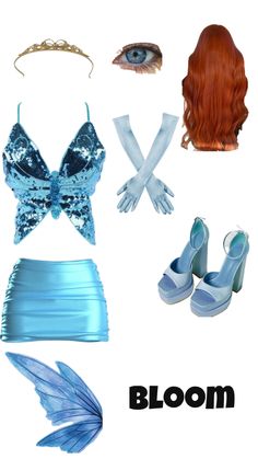 an assortment of clothing and accessories including shoes, bras, headbands and hair