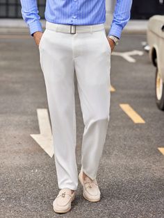 Men's Woven Long Casual Straight-Legged Suit Trousers, Suitable For Spring And Autumn White    Woven Fabric Plain  Non-Stretch  Men Clothing, size features are:Bust: ,Length: ,Sleeve Length: Man Weave, Men Suit, Suit Trousers, Suit Pants, Suit Separates, Trouser Suits, Tailored Trousers, Spring And Autumn, Men Clothing