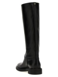 Leather boot, high leg, rubber sole. Composition: 100% leather Leather Knee-high Moto Boots With Lug Sole, Business Boots With Reinforced Heel And Wide Calf, Business Boots With Leather Lining And Wide Calf, Luxury Leather Knee-high Boots For Work, Business Boots With Wide Calf And Leather Lining, Luxury Leather Mid-calf Boots, Designer Leather Platform Boots With Lug Sole, Luxury Calf Leather Knee-high Boots With Round Toe, Elegant Moto Boots With Calf Leather And Leather Sole