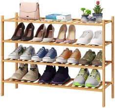 a wooden shoe rack filled with lots of shoes