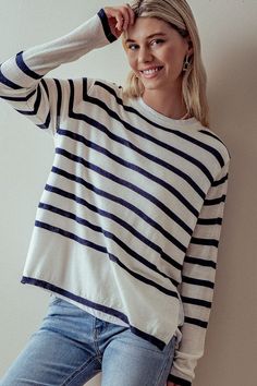 Lightweight and so soft. Perfect all year round. Size chart~ sm-2-6 Med 6-8 Large 8-10 Oversized Striped Soft Knit Top, Striped Long Sleeve Soft Knit Top, Striped Knitted Tops For Layering, Cozy Striped Crew Neck Top, One Size Soft Knit Crew Neck Tops, Cozy Striped Knitted Tops, Cozy Knitted Striped Tops, Casual One Size Crew Neck Sweater, Striped Long Sleeve Sweater For Everyday