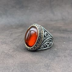 925 Sterling Silver Natural Red Amber Stone Oval Shape Men's Ring. Size 10 Classic Red Oval Cabochon Signet Ring, Red Oval Engraved Signet Ring, Astoria Ny, Red Band, Amber Stone, Men's Ring, Natural Red, Rings Statement, Oval Shape