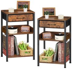 two wooden end tables with books and plants on them, one has a basket full of tulips next to the other