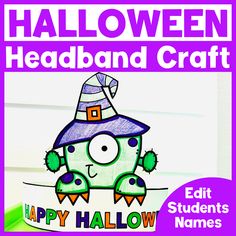 a happy halloween themed poster with the words happy halloween and a green monster wearing a witches hat