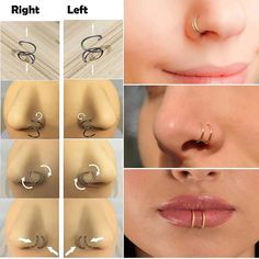 four different images of nose piercings, one with an arrow and the other without