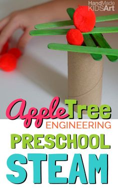 an apple tree is made out of popsicle sticks and paper straws with the words apple tree engineering preschool steam