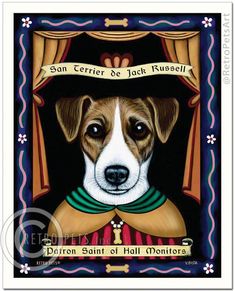 a painting of a dog wearing a collar and bow tie with the words san cerer de just russell written on it