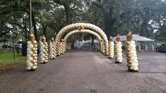 an arch made out of balloons on the side of a road with trees in the background