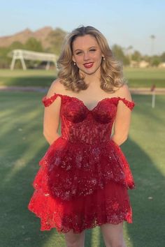 Red Lace Appliques Tiered A-line Short Dress Off The Shoulder Homecoming Dress, Short Princess Dress, Homecoming Dresses For Teens, Short Red Prom Dresses, Sequin Homecoming Dress, Sheer Corset, Short Formal Dress, Dresses A Line, Winter Formal Dresses