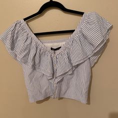 Zara Trf Collection Crop Top Blouse! So Cute- Nwt Never Worn. Ruffle Sleeves And Button Closures All The Way Down. Blue And White Stripes. Cotton Crop Top With Button Closure, Casual Buttoned Crop Top, White Buttoned Crop Top For Spring, Casual Crop Top With Button Closure, Summer Crop Top With Button Closure, White Button-up Crop Top For Summer, Summer White Crop Top With Buttons, Spring Crop Top With Buttons, White Casual Crop Top With Buttons