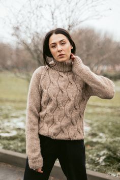 "Alpaca&merino wool cable-knit pullover with turtleneck. Very warm and soft-touch! Product Details: * 75% alpaca, 25% merino wool. Size: S(4-6) M(8-10) L(12-14) S Chest : 48 cm Length: 60/62 cm M Width : 50cm Length: 62/65 c m L Width : 55/54cm Length: 65 cm If you would like me in other size, you could request a custom order with your own parameters: your height, bust and length of the sweater from the shoulder in cm. Or add your comments about length and color in the section \"Personalizat Knitted Alpaca Turtleneck Sweater, Fall Mohair Cable Knit Sweater, Alpaca Turtleneck Sweater For Fall, Cozy Alpaca Cable Knit Sweater, Beige Alpaca Long Sleeve Sweater, Merino Wool Knitting Pattern For Fall, Fall Merino Wool Cable Knit Pattern, Beige Long Sleeve Alpaca Sweater, Unique Cardigan