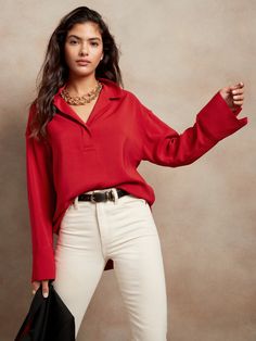 Petite Oversized Popover Polo | Banana Republic Red Polo Shirt Outfit Women's, Red Polo Shirt Outfit, Polo Shirt Outfit Women's, Red Button Up Shirt, Local Cafe, Polo Shirt Outfits, Polo Outfit, Button Up Shirt Womens, Red Polo Shirt