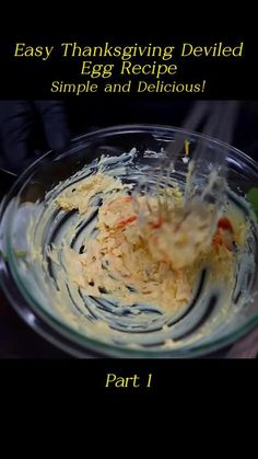 the cover of an easy thanksgiving deviled egg recipe is shown in a glass bowl