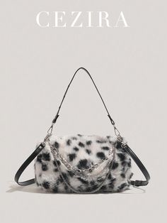 Luxury Elegant Leopard Fluffy Shoulder Bag For Women Faux Fur Metal Chains Decor Zipper Closure Top-Handle Pillow Bag Cross Body Handbag Lightweight Purse For Winter Carry Daily Casual Travel Holiday, New Arrival Fur Purse Black and White Elegant,Fashionable   Polyester Textured Pattern Pillow Bag   Women Bags, size features are:Bust: ,Length: ,Sleeve Length: Fluffy Shoulder Bag, Effortless Chic Style, Chic Quilts, Fur Purse, Bag Elegant, Stylish Shoulder Bag, Pink Tote, Beaded Purses, Black Crossbody