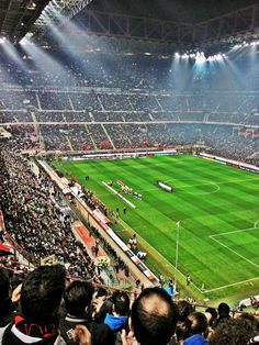 a stadium filled with lots of people watching a soccer game on a large grass field