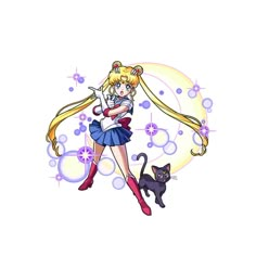 the sailor girl is flying with her cat on her back, and she has long blonde hair