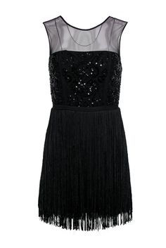 Current Boutique-BCBG Max Azria - Black Fringe Sleeveless “Melly” Sheath Dress w/ Sequin Bodice Sz 2 Flapper Fringe Dresses For Night Out, Flapper Style Dresses With Beaded Fringe For Night Out, Flapper Style Sleeveless Embellished Sequin Dress, Sleeveless Embellished Flapper Sequin Dress, Sleeveless Fringed Flapper Dress For Cocktail, Sleeveless Fringe Flapper Dress For Cocktail, Sleeveless Mini Dress With Beaded Fringe For Evening, Glamorous Sleeveless Fringe Flapper Dress, Sleeveless Flapper Dress For Gala