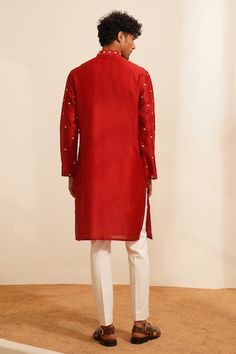 Red kurta with placed zardozi embroidered floral buttis. Comes with pant. - Aza Fashions Transitional Red Kurta With Dori Work, Festive Chanderi Bandhgala With Dori Work, Red Sherwani With Dori Work For Diwali, Festive Red Sherwani With Dori Work, Red Dori Work Sherwani For Festivals, Red Dori Work Sherwani For Eid, Chanderi Bandhgala With Chikankari Embroidery For Puja, Red Sherwani With Dori Work For Eid, Red Bandhgala For Eid With Straight Kurta Shape