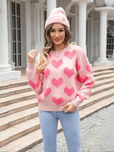 Pink Baggy Sweaters, Pull Rose, Knitted Heart, Pink Knit Sweater, Sweatshirts For Women, Heart Sweater, Pink Valentines, Drop Shoulder Sweaters, Round Neck Sweaters