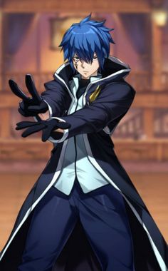 an anime character with blue hair is holding his hands out in front of the camera