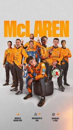 a group of men standing next to each other in front of a white background with the words mclaren on it