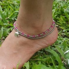 Hand Made Fair Trade Anklet Double Strand Silver Pink Beads Elephant Thigh Jewelry, Beads Anklet, Purple Elephant, Handmade Fair, Purple Beads, Elephant Charm, Beaded Anklets, Ankle Bracelet, Beaded Keychains