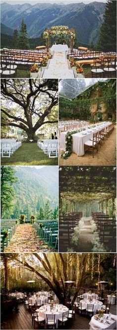 an outdoor wedding set up with tables and chairs in the middle of it, surrounded by mountains