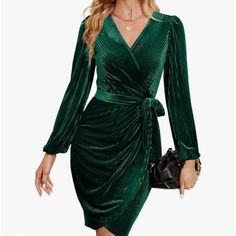 This Is A Beautiful Green Velvet Wrap Dress From Sold On Amazon. . It Features A V-Neckline, Long Sleeves, And A Tie At The Waist. The Dress Is Made From A Soft And Stretchy Velvet Fabric And Is Fully Lined. It Is Perfect For A Party Or A Night Out On The Town. Arrived In My Amazon Pallet And Us Nwot. Offers Are Welcome Chic Green Fitted V-neck Dress, Green Long Sleeve V-neck Dress For Night Out, Green V-neck Dress For Fall, Fitted Green V-neck Dress For Date Night, Elegant Green Mini Dress With Surplice Neckline, Green Mini Dress With Surplice Neckline, Fitted Green V-neck Mini Dress, Green Fitted V-neck Dress For Night Out, Fitted Green V-neck Dress For Night Out