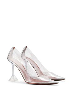 Amina Muaddi Ami 95mm Transparent Pumps - Farfetch Silver Heels With Sculpted Heel For Gala, Metallic Pointed Toe Heels For Cocktails, Metallic Pointed Toe Heels For Cocktail, Silver Heels With Contrasting Heel Counter For Evening, Silver Heels With Contrasting Heel For Evening, Clear Pointed Toe Heels For Evening, Evening Clear Pointed Toe Heels, Clear Heels With 4-inch Heel For Evening, Formal Clear Heels With Contrasting Heel Counter