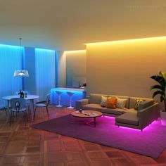 a living room filled with furniture and lights