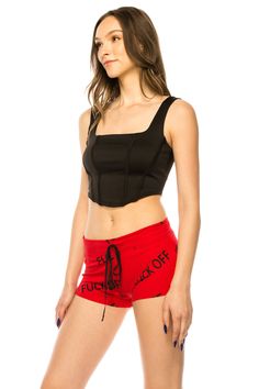 F*ck off shorts are both soft and stretchy, with a wide 2 inch elastic band and drawstring for a comfy fit. These shorts feature no shrinkage, and the model wearing the red shorts is 5'9" with measurements of 33-26-36, wearing a size small and the model wearing the black shorts is 5'9" 32-34-36 and is also wearing a size small. Available in RED or BLACK Size Chart MADE IN THE U.S.A.🇺🇸 FAST SHIPPING Our guarantee to you: If you are not 100% satisfied with your purchase, you can return your orde Trendy High-waisted Drawstring Shorts, Trendy Drawstring Shorts, Red Short Tops For Summer, Trendy Solid Color Drawstring Shorts, Red Short Summer Tops, Red Short-sleeved Summer Tops, Short Red Summer Tops, Short Length Red Cotton Tops, Red Stretch Athletic Shorts For Spring