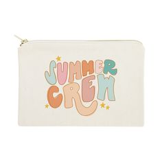 a white zippered pouch with the words summer crew printed on it and stars in different colors