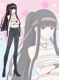 an anime character with long black hair and wearing high heels, standing in front of a pink background