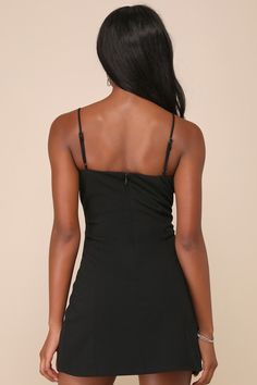 If you're looking for the perfect party-ready look, the Incredibly Flirty Black Rhinestone Bow Sleeveless Mini Dress is ready to hit the dance floor! Stretchy crepe woven fabric shapes this stunning lil' dress that features adjustable spaghetti straps, a V-neckline, and a sleeveless bodice with a detachable, rhinestone-embellished bow at the center. The figure-skimming, sheath-style silhouette features flattering seam detailing as it falls to a cute, notched mini hem. Hidden back zipper/clasp. F Miami Dresses, Sorority Rush Dresses, Rush Dresses, Mini Bodycon Dress, Black Short Dress, Rhinestone Bow, Black Rhinestone, Sleeveless Mini Dress, The Dance