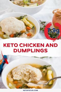 two bowls of chicken and dumplings with the words keto chicken and dumplings