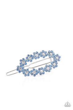 Dotted with dainty white rhinestone centers, glittery blue rhinestone flowers join into an oval centerpiece for a glamorous fashion. Features a clamp barrette closure.   Sold as one individual barrette.  3/17/22 Blue Hair Clip, Glamorous Fashion, Paparazzi Accessories, Fancy Jewelry, White Rhinestone, Blue Jewelry, Party Hairstyles, Affordable Jewelry, Paparazzi Jewelry