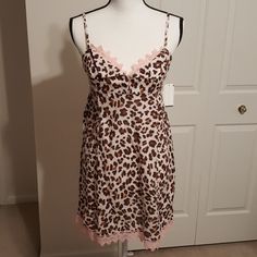 Cute Sleep Or Lounge Dress! Brown/Tan/Beige Animal Print With Pink Lace Trim At The Hem And Dcolletage. Adjustable Straps. 100% Cotton Comment With Questions Leopard Print Sleepwear For Summer Loungewear, Pink Summer Sleepwear For Overnight, Pink Summer Sleep Chemise, Pink Summer Chemise For Sleepovers, Summer Sleeveless Nightgown, Pink Summer Chemise For Loungewear, Pink Sleeveless Chemise For Bedtime, Pink Chemise For Summer Loungewear, Pink Lace Trim Chemise For Loungewear