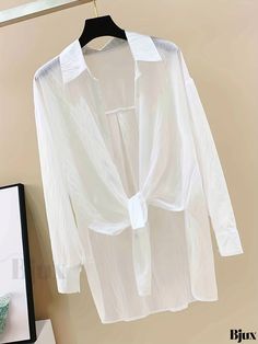 Bjux - Womens Semi-Sheer White Cover Up Shirt - Long Sleeves, Split Lapel Rash Guard, Ideal for Swimwear & Resortwear White Cover Up, White Cover, Bow Pattern, Rash Guard, Sheer Fabrics, Resort Wear, Collar Styles, Split, Cover Up