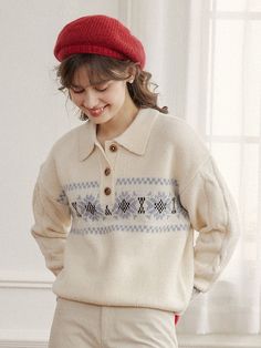 Retro Winter Polo Sweater With Ribbed Collar, Retro Polo Sweater With Ribbed Collar For Winter, Retro Collared Winter Sweater, Retro Collared Sweater For Winter, Casual Collared Jacquard Knit Sweater, Knitted Collared Polo Sweater For Fall, Retro Collared Polo Sweater For Fall, Casual Cream Polo Sweater For Winter, Collared Cream Polo Sweater For Winter