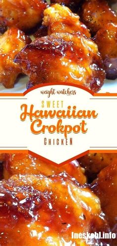 sweet hawaiian crockpot chicken on a white plate with the words, sweet hawaiian crockpot chicken