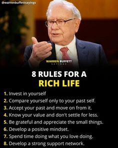 an old man in a suit and tie with the words rules for a rich life