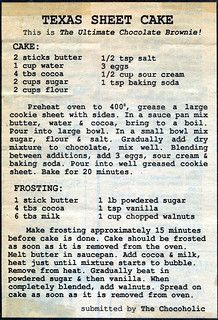 an old recipe for texas sheet cake with instructions on how to bake the cake