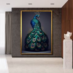 a peacock is standing in front of a painting on the wall