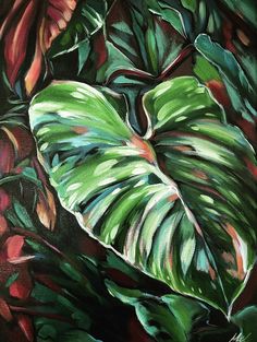 a painting of green leaves on a black background