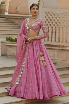 Shop for Vvani by Vani Vats Pink Organza Mirror Embroidered Lehenga Set for Women Online at Aza Fashions Vani Vats, Indian Outfits Lehenga, Organza Lehenga, Wedding Lehenga Designs, Lehenga Designs Simple, Organza Blouse, Gaun Fashion, Pink Lehenga, Indian Dresses Traditional