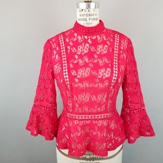 Minkpink Red Sheer Lace Blouse With Stars Flared Sleeves Women's Size Small Bust 34" Shoulder To Hem 20" Shoulder To Cuff 17" Hidden Side Zip Keyhole At Back With Button Closure Fitted Sleeve With Flared Cuff Fabric Tag Is Missing Excellent Condition ~ Looks Brand New Feminine Pink Blouse For Night Out, Pink Lace Top Blouse For Brunch, Spring Red Fitted Blouse, Fitted Red Blouse For Spring, Pink Lace Top For Brunch, Red Fitted Lace Top, Pink Fitted Top For Brunch, Fitted Pink Tops For Brunch, Fitted Feminine Red Blouse