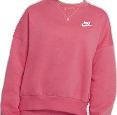 Pink Athleisure Sweatshirt For Leisure, Pink Fleece Sportswear Sweatshirt, Pink Fleece Sweatshirt Sportswear, Nike Casual Sweatshirt, Nike Casual Sweatshirt For Leisure, Casual Nike Sweatshirt For Leisure, Trendy Fleece Sweatshirt For Sports, Pink Cozy Fit Sporty Sweatshirt, Pink Sporty Sweatshirt With Cozy Fit