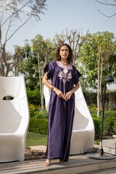 The Kaftan is made of unique striped that has a soft feel to it so you will surely feel comfortable and royal in it.  You can wear this Kaftan practically anywhere and for any occasion. You can dress it up with a pair of heels and strut like an Egyptian queen in any gathering, resort, or party. Or you can dress it down with a pair of sneakers/slippers and walk around your home feeling extremely free and comfortable while looking effortlessly stunning in your house dress.  Fabric : 100% Linen Kaf Summer Embroidered Straight Kurta Kaftan, Summer Kaftan With Dabka In Straight Kurta Style, Summer Straight Kurta Kaftan With Dabka, Summer Straight Kurta Kaftan With Dabka Detail, Embroidered Straight Kurta Kaftan For Summer, Traditional Short Sleeve Kaftan For Spring, Bohemian Embroidered Dress With Dabka, Embroidered Summer Straight Kurta Kaftan, Embroidered Short Sleeve Kaftan For Eid