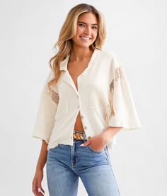 POL Netted Mesh Boxy Shirt - Cream Large, Women's Natural Crinkle woven button down shirt Raw edge details Bust measures 46 on size small Body length 19 1/2 on size small. Self: 100% Cotton. Contrast: 65% Polyester 35% Cotton. Hand wash cold. Do not bleach. Lay flat to dry. Do not wring or twist. Do not iron. Apparel & Accessories > Clothing > Shirts & Tops Oversized Casual Cropped Shirt For Summer, Collared Tops For Vacation In Fall, Collared Tops For Fall Vacation, Collared Fall Vacation Tops, Button-up Beach Tops For Fall, Collared Beach Tops For Fall, Casual Long Sleeve Cropped Shirt For Day Out, Fall Beach Collared Tops, Fall Beach Button-up Tops