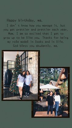 two women standing next to each other in front of a christmas tree with the words happy birthday, ma